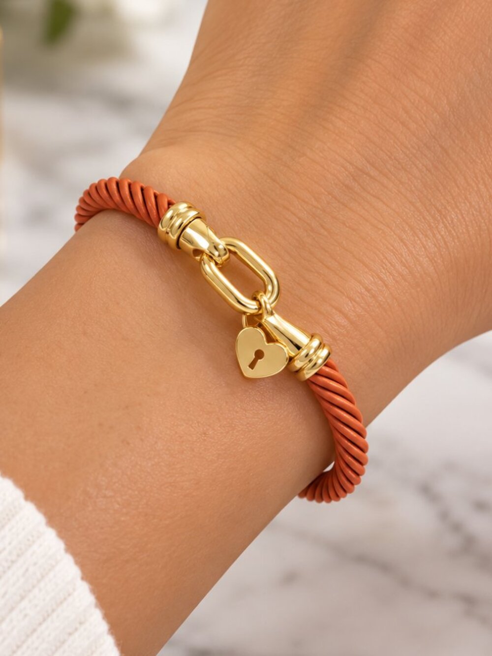 Terracotta & Gold Tone Twisted Rope Bracelet